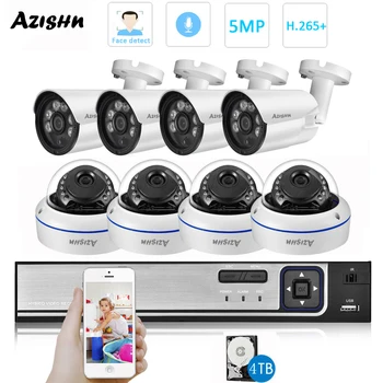 AZISHN H.265 + 8CH 5MP POE NVR Система Видеонаблюдения 5MP Аудио IP-Камера IR Наружное/внутреннее Водонепроницаемое P2P Видеонаблюдение