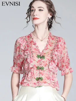 Женская шифоновая блузка EVNISI, шикарная розовая рубашка с цветочной вышивкой, однобортные Летние офисные топы, элегантная Женская блузка 2023 г.