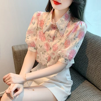 Новые Корейские модные Женские рубашки с цветочным рисунком, блузки, повседневные топы, Женская рубашка на пуговицах, блузка с длинным рукавом