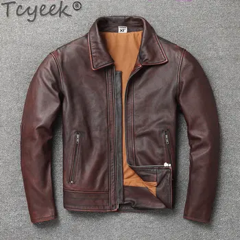 Tcyeek Пальто из натуральной Воловьей кожи, мужская Весенне-осенняя мотоциклетная куртка, Винтажные Куртки из 100% натуральной кожи, Мужская одежда, Тонкая Jaqueta Moto