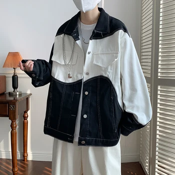 Белая джинсовая куртка 2022, черно-белое сращивание, Корейская модная уличная куртка, Черная Ковбойская куртка для мужчин