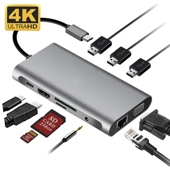Новый многопортовый концентратор USB 3.0, адаптер 10 В 1, Тип VGA / TF USB-концентратор, Док-станция Pro /Air /Huawei Mate Hot