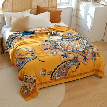 Покрывало в этническом стиле в стиле ретро на кровати в летнем общежитии, Красочное полотенце, кондиционер, Тонкое одеяло на диване, коврик для пикника