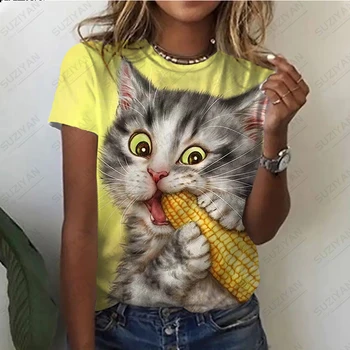 Новый женский топ с коротким рукавом и круглым вырезом, Повседневная Свободная женская футболка с крупным котом, Летняя новинка, дышащий удобный топ с 3D-принтом