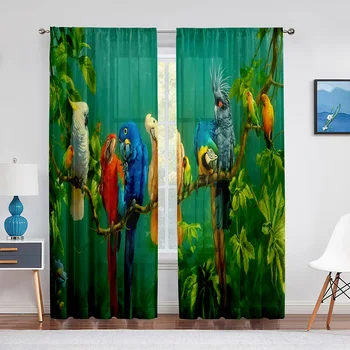 Разноцветный попугай, стоящий на ветке, шторы из тропического тюля для гостиной, домашний декор, Занавеска на окно, кухня, занавеска из прозрачной вуали