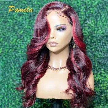 Омбре 1B Красный парик с кружевом спереди 13x4, объемная волна, HD Прозрачный парик из человеческих волос спереди для женщин
