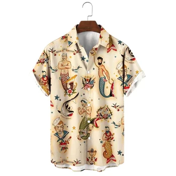 Fieryshirts Мужская винтажная гавайская рубашка с принтом Русалки, повседневная дышащая рубашка с коротким рукавом