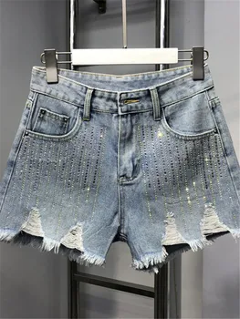 Короткие джинсы, Модные женские 2023, Новые Летние Свободные джинсовые шорты, женские облегающие рваные брюки с высокой талией
