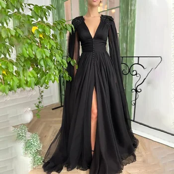 Элегантное вечернее платье черного цвета с длинными рукавами, глубоким V-образным вырезом и разрезом спереди, для выпускного вечера или вечерней вечеринки, Vestido Elegantes Para Mujer