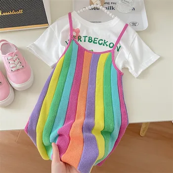Летнее модное платье-слинг цвета радуги для девочек HoneyCherry, футболка с героями мультфильмов для девочек и платьями карамельного цвета
