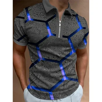 Летняя мужская рубашка Поло на молнии с коротким рукавом, топы и тройники с лацканами с 3D принтом, Повседневная Уличная одежда, Дышащая Одежда, Мужская Деловая одежда