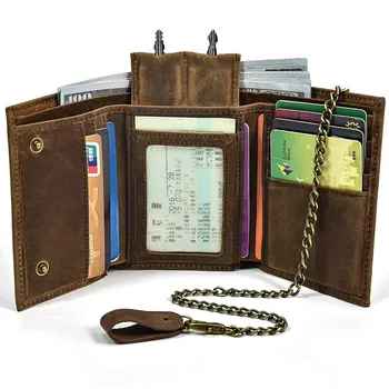 Мужской кожаный бумажник Crazy Horse с противоугонной цепочкой, мужской клатч с тремя складками, денежный мешок, роскошный маленький кошелек для монет с держателем для ключей