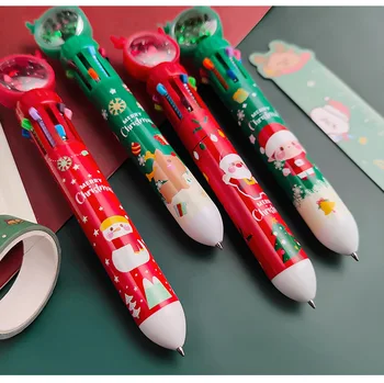 Мультяшные Рождественские шариковые ручки 10 Цветных нажимных шариковых ручек Цветные ручки Санта-Клауса Рождественские Подарки Случайная доставка