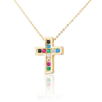 Красочное ожерелье с начальной цепочкой из медного камня Циркона, Маленькое ожерелье с подвеской в виде креста для женщин, подарок для религиозных молитвенных украшений на шею