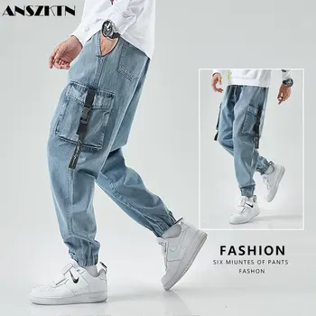ANSZKTN / Осенние новые мужские укороченные брюки, корейская модная брендовая одежда-карго, повседневные джинсы для мужчин