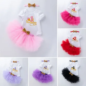 Летний комплект на день рождения для новорожденной девочки, комбинезон с коротким рукавом, боди с коротким рукавом для девочек + юбка-пачка + повязка на голову, комплекты одежды