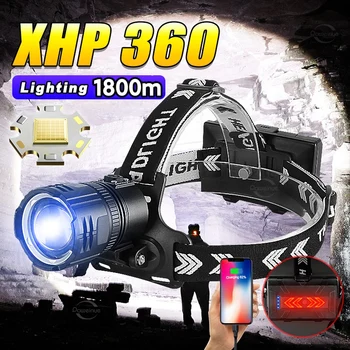 XHP360 светодиодный налобный фонарь высокой мощности, USB Перезаряжаемая фара с зумом, тактический фонарь для кемпинга на открытом воздухе, налобный фонарь для пеших прогулок, рабочий налобный фонарь