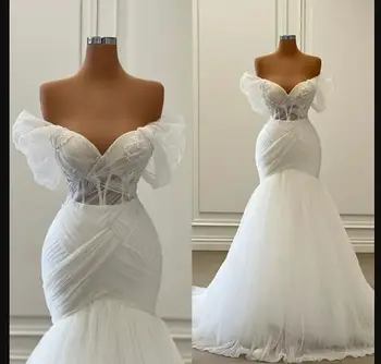 Свадебные платья русалки, сексуальные свадебные платья с открытыми плечами, кружевные аппликации, тюль, свадебное платье в пол, большие размеры, Vestido