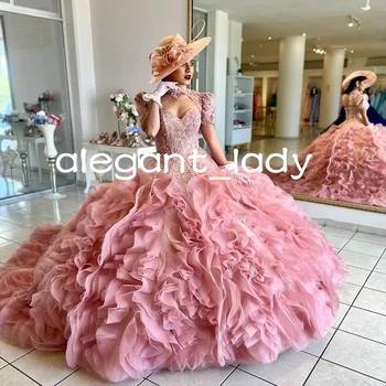 Розовые пышные платья с жакетом, Многоуровневый корсет на шнуровке, платье принцессы для выпускного вечера Sweet 16, Vestidos De 15 Anos