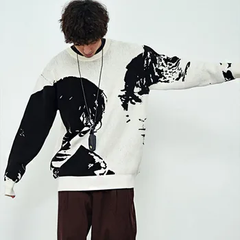Мужской винтажный жаккардовый вязаный свитер с рисунком, модные хлопковые пуловеры Harajuku, Свободная теплая уличная одежда, мужская