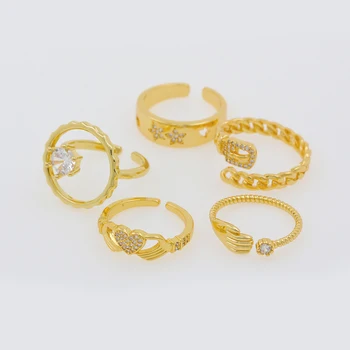 5 шт. Модное простое Золотое кольцо с белым цирконием, открытое Регулируемое Кольцо для женщин, мужчин, Изысканные ювелирные изделия Оптом