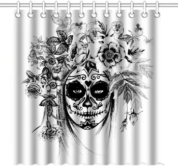 Занавеска для душа с крючками Абстрактное винтажное цветочное лицо черепа День мертвых Дизайн Арт