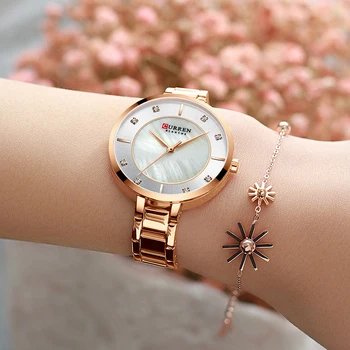 Женские часы Curren класса Люкс для женщин Steel Lady Розовое золото Кварцевые наручные часы relogio feminino Часы Со стразами Часы