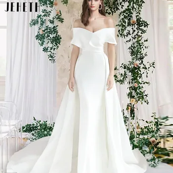 Простые свадебные платья русалки-футляр с открытыми плечами, съемный шлейф, атласные платья с короткими рукавами, сексуальные свадебные платья с рюшами