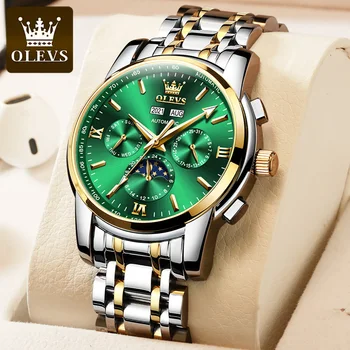 OLEVS 6633 Водонепроницаемые мужские наручные часы с ремешком из нержавеющей стали, многофункциональные автоматические механические деловые часы для мужчин, светящиеся