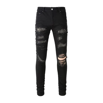 Новая мужская черная потертая тонкая уличная одежда С поврежденными отверстиями, обтягивающая Высокая эластичность, разрушенные стразы, рваные джинсы в стиле пэчворк
