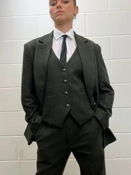 Женские костюмы 3 шт. (блейзер + брюки + жилет) Темно-зеленый Однобортный С зубчатым лацканом, официальный деловой приталенный костюм Mont Erkek 2023