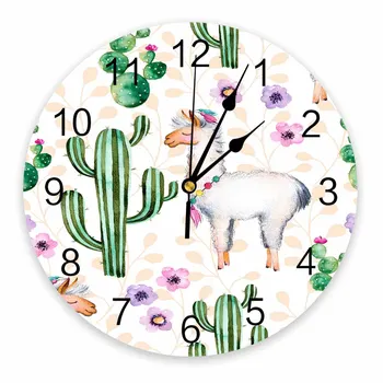 Декоративные Круглые настенные часы с мультяшным кактусом и альпакой, дизайн с арабскими цифрами, не тикающие настенные часы большого размера для спален и ванной комнаты