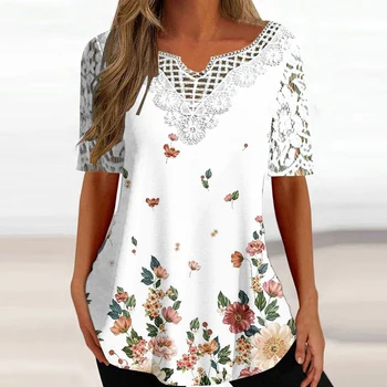 Женская кружевная туника в стиле бохо, топы, женская летняя блузка с коротким рукавом и цветочным рисунком, футболка, Размер одежды S-2XL, Бесплатная доставка