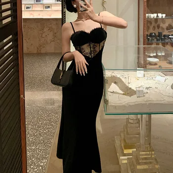 Винтажное Бархатное платье, женское Летнее платье без рукавов, сексуальное Открытое Черное платье, Элегантные Вечерние кружевные платья в стиле пэчворк, Vestidos