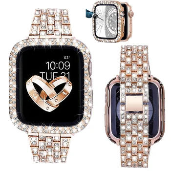 Женский Бриллиантовый Чехол + Ремешок для Apple Watch Band 9 8 7 41 мм 45 мм 40 мм 44 мм Металлический Браслет для iWatch Series 7 SE Jewelry Cover