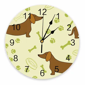 Декоративные круглые настенные часы с мультяшной собакой Таксой, дизайн с арабскими цифрами, Не Тикающие настенные часы, Большие для спальни, ванной комнаты