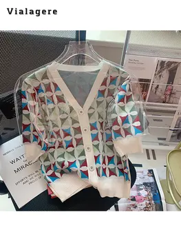 Летние винтажные кардиганы с V-образным вырезом и коротким рукавом 2023 года, женские модные однобортные свитера с геометрическим принтом, Однобортный топ-свитер