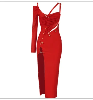 Модная Шикарная Элегантная строчка с длинным рукавом, разрезной Черный, красный вырез, V-образный вырез на одно плечо, повязка для вечеринки знаменитостей, Длинное Новое платье 2023 года