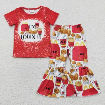 GSPO0549 Комплект детской летней одежды, топ с коротким рукавом и расклешенные брюки, Бутик одежды для маленьких девочек