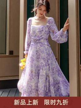 Фиолетовый Изысканный позолоченный французский квадратный вырез, Новые сверкающие рукава-фонарики, Потрясающее струящееся платье Immortal средней длины