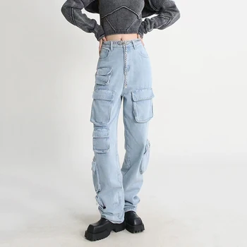 Высокие уличные модные плотные женские джинсы 2023, летние новые y2k, свободные широкие брюки, брюки для спецодежды с несколькими карманами, джинсы