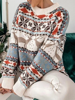 Рождественский Вязаный свитер с оленем и лосем, Женский Осенне-зимний теплый Толстый трикотаж, Свободные повседневные пуловеры с круглым вырезом и длинным рукавом, pull femme