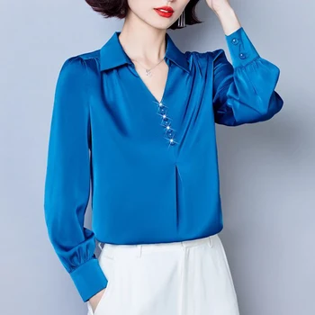 Женские высококачественные Корейские модные Элегантные блузки, весна-осень, деловые Повседневные Офисные женские рубашки, однотонные топы с V-образным вырезом и длинными рукавами
