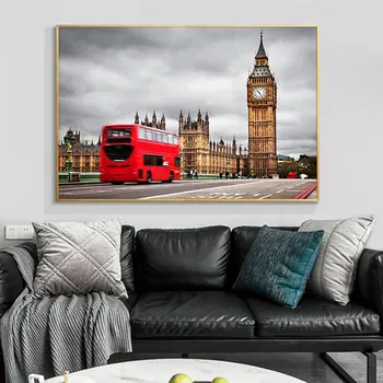 Красный автобус и Биг Бен Картина маслом на холсте Печать плакатов Настенное искусство Абстрактные изображения зданий для домашнего декора гостиной