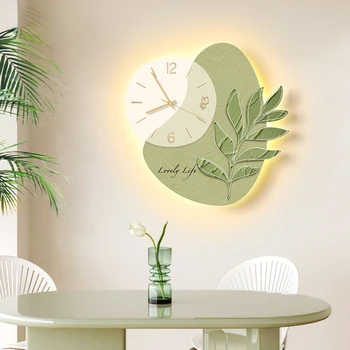 Новые светодиодные фонари, Декоративная роспись, настенные часы, украшение гостиной, Немой звук, настенные часы со светящимися зелеными листьями, Современный дизайн