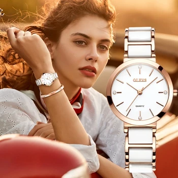 OLEVS Ceramics Ремешок для часов, кварцевые женские часы, водонепроницаемые часы люксового бренда Для женщин, Модные Элегантные женские часы-браслет 5877