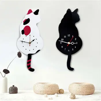 Креативные настенные часы с милым белым/черным виляющим хвостом котом для детской спальни, декоративные настенные часы с виляющим хвостом