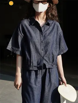 HanOrange 2023, летняя джинсовая рубашка в стиле ретро с ленивым шнурком, женский свободный повседневный топ с коротким рукавом, женский