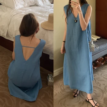 Корейское летнее новое винтажное простое свободное платье-майка без рукавов с V-образным вырезом