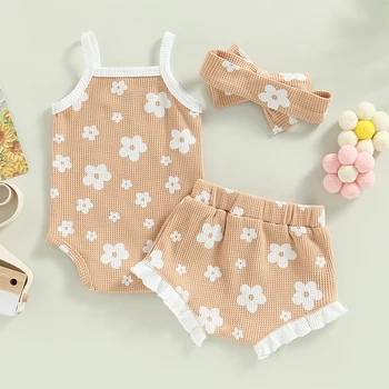 Новые Летние Комплекты одежды для новорожденных девочек с вафельным цветочным принтом, Боди без рукавов + Шорты с оборками на шнурках + Повязка на голову